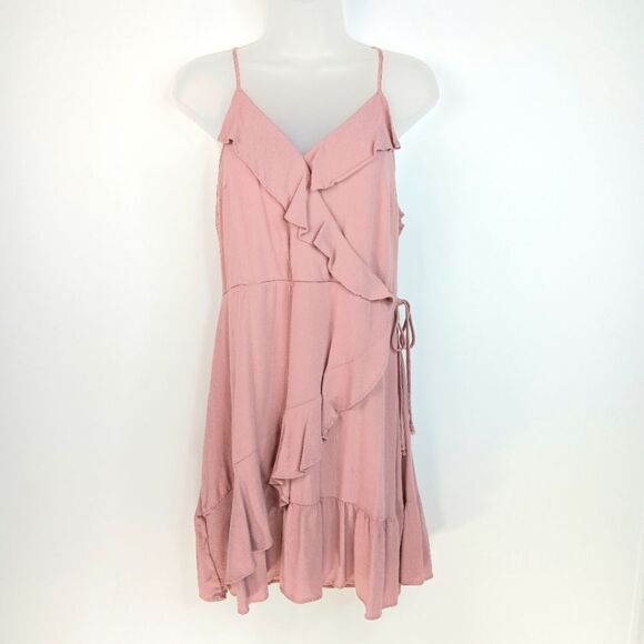 MOSSIMO SUPPLY CO. Women’s Pink Faux Wrap Ruffle Mini Dress Large Sleeveless - Picture 3 of 15